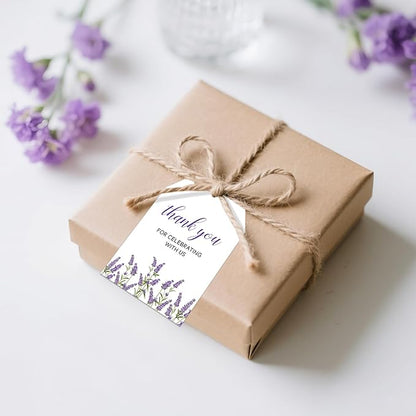 G2PLUS 50Pcs Lavender Thank You Tags - Floral Gift Tags with String, Thank You for Celebrating with Us Tag, White Paper Party Favors Hangtag for Wedding, Baby Shower, Bridal Shower, Birthday