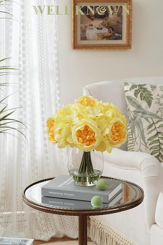 Artificial Flowers in Vase, Silk Austin Rose & Hydrangea Yellow Flowers with Fake Water, Real Touch Fake Flower Arrangements for Home Hotel Office Wedding Dinning Table Centerpiece Decor & Gift