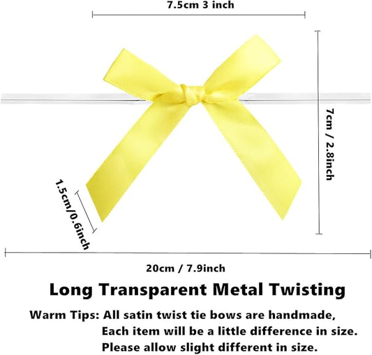 50 Pack 3" Satin Twist Tie Bows, Twist Bows for Treats, Ribbon Bows with Twist Ties Gift Wrap Bows, Pretied Bows Ties for Cake Pops, Baby Shower, Sweets Packaging, Party Favors, Gifts (Yellow)