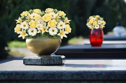 Hollyone Set of 2 Artificial Cemetery Flowers for Grave Yellow Cemetery Memorial Flowers for Cemetery Outdoor Grave Decorations Silk Flower Arrangements Rose Lily Gerbera Floral Flowers Bouquets