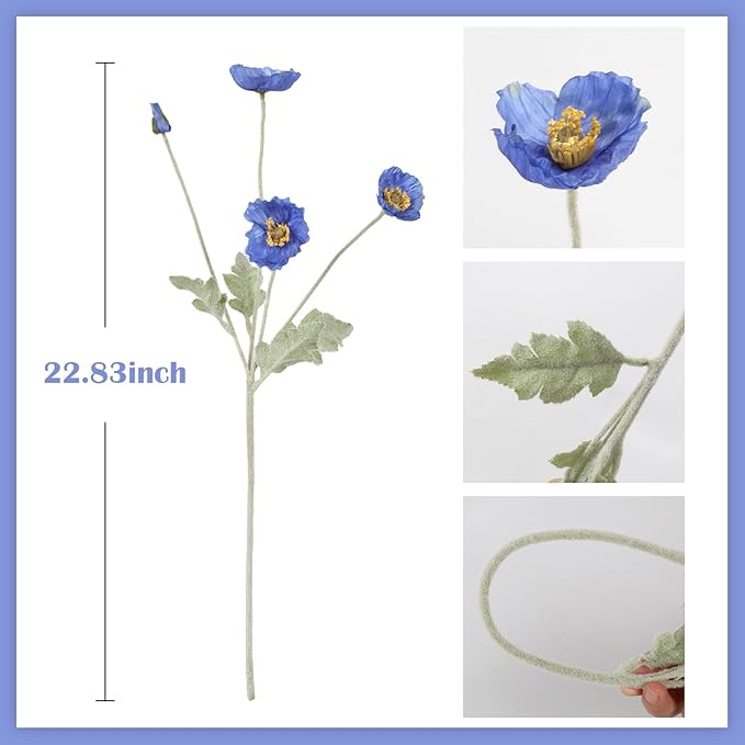Poppy Flowers Artificial,8PCS Blue Silk Poppy Flowers Faux Poppies with Stem for Wedding Party Table Centerpiece Home Decor(Blue)
