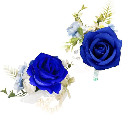 Wrist Corsage and Boutonniere Set, Artificial Rose Corsage Wristlet and Boutonniere for Wedding Prom Party (Dark Blue, 2pcs)