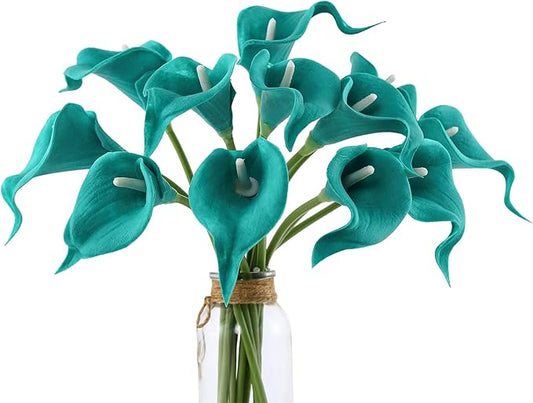 DuHouse 12Pcs Artificial Calla Lily Flower Real Touch Latex Flowers for DIY Wedding Bouquet Party Home Decor (Teal Blue)