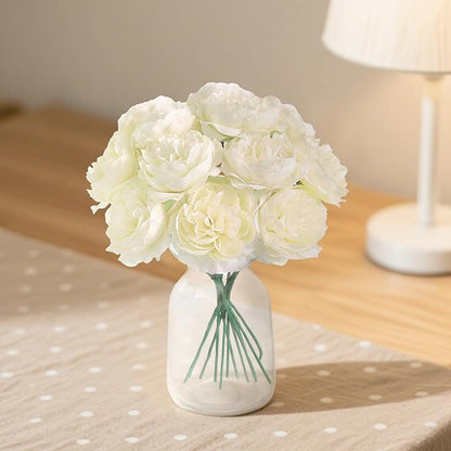 12 PCS Artificial Silk Ivory Peony Flowers with Stems - 8 Inch Fake Peony Bouquet for Wedding, Home Decor, Office Table, Festival Gifts