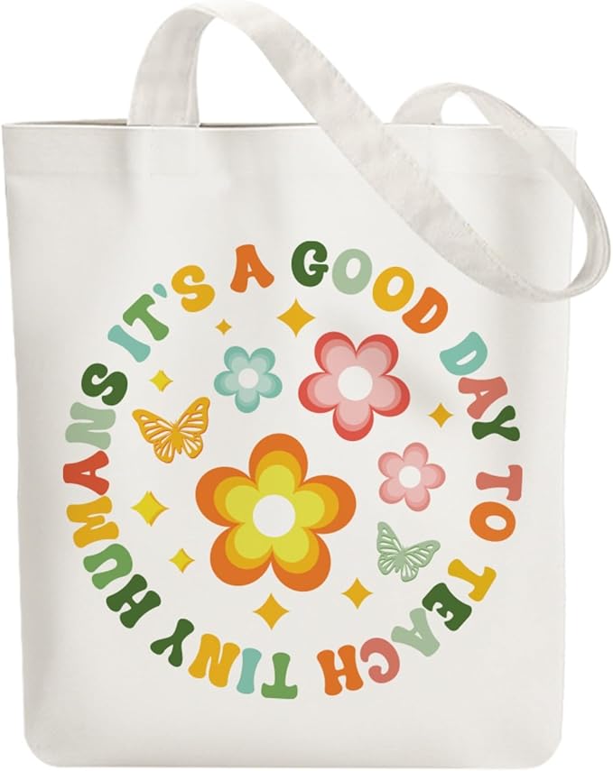 ANATTASOUL Canvas Tote Bag Boho Letter Reusable Cotton Bag for Women, Durable Cloth Shoulder Bags with Zipper Pockets for Shopping, Vacation, Work, Gym