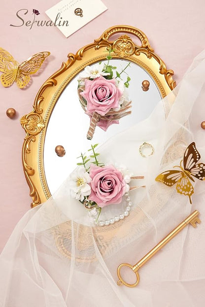 Serwalin Pink Rose Corsage and Boutonniere Set, Prom Flower Wrist Corsage Bracelets, Homecoming Roses Corsage Wristlet and Men Boutonniere for Wedding Flowers Accessories Prom Suit Decorations