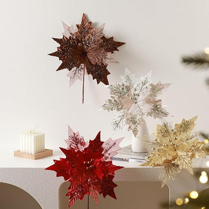 Artificial Flannel Sequin Christmas Flower Ornament, 30x35cm Glitter Holiday Tree Decoration for Wreaths Garlands and Party Arrangements Champagne
