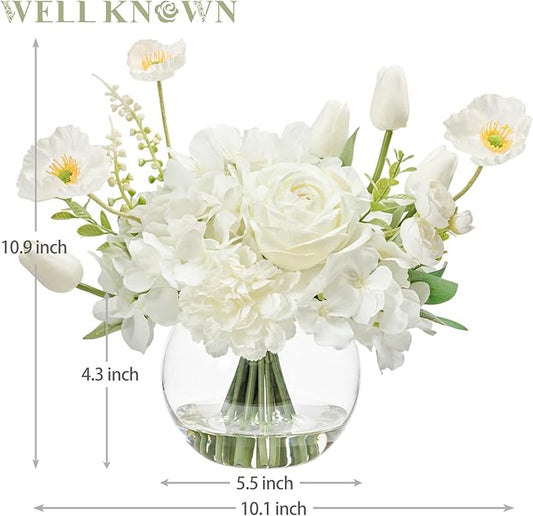 WELL KNOWN Artificial Flowers for Table Decoration Silk Hydrangea Flowers with Vase Fake Flower Arrangements in Round Bowl Vase with Faux Water for Summer Spring (White)