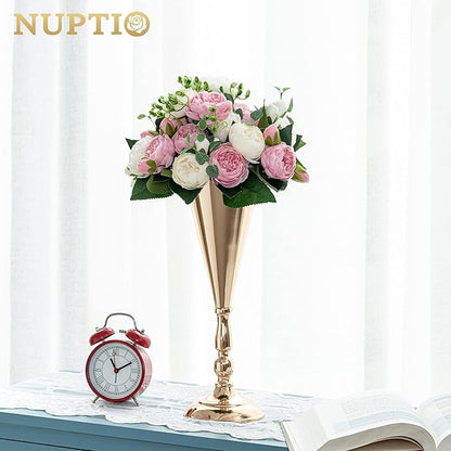 NUPTIO Tabletop Metal Wedding Flower Trumpet Vase Table Decorative Centerpiece Artificial Flower Arrangements for Anniversary Ceremony Party Birthday Event Aisle Home Decoration (10 x M, Gold)