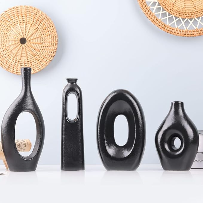 Black Ceramic Vase Set of 4 - Round Hollow Boho Vases for Pampas Grass and Flowers Decor, Modern Minimalist Small Vases for Living Room, Bedroom, Fireplace, Coffee Table Decor, and Centerpieces