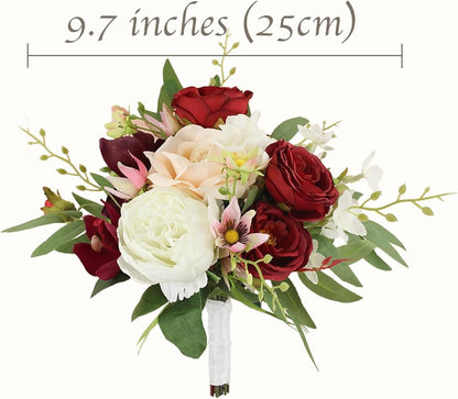 Rinlong 1Pc Fall Wedding Bouquets for Bridesmaids Burgundy Artificial Bridesmaid Bouquet for Wedding Prom
