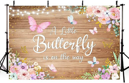 7x5ft Butterfly Baby Shower Backdrop A Little Butterfly is on The Way Photography Background Rustic Wooden Pink Floral Flowers Princess Girl Newborn Party Banner Decoration