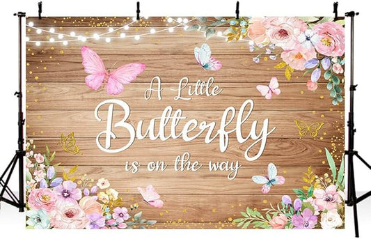 7x5ft Butterfly Baby Shower Backdrop A Little Butterfly is on The Way Photography Background Rustic Wooden Pink Floral Flowers Princess Girl Newborn Party Banner Decoration
