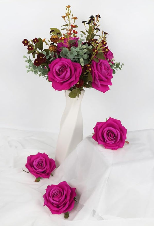 Artificial Roses 16pcs Velvet Deep Pink Roses Silk Flowers 3.94" Roses Artificial Flowers for Wedding Flowers for Centerpieces Home Party Decor (Deep Pink)