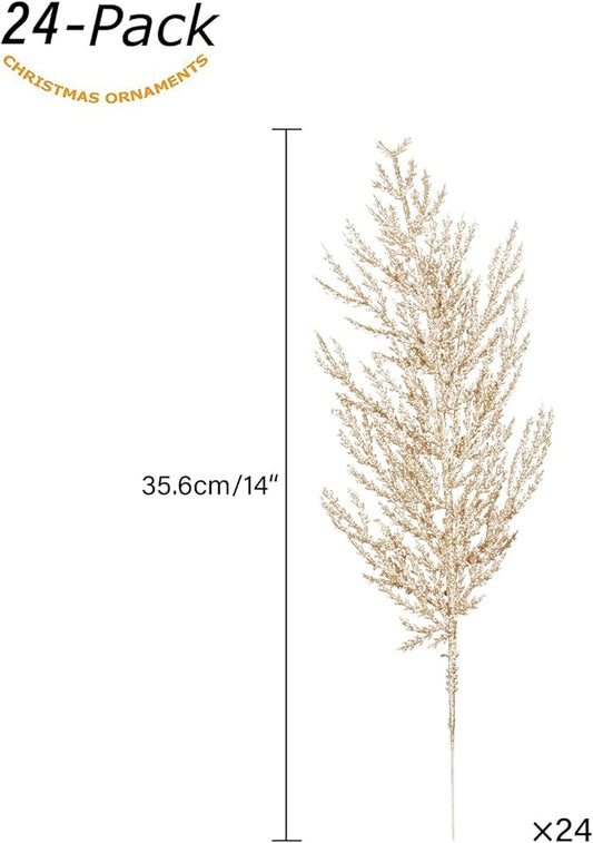 Christmas Glitter Stems 24pcs Artificial Pine Tree Picks for Christmas Tree Ornaments fillers, DIY Xmas Wreath, Crafts, Garland, Holiday, Party, Wedding and Home Decoration (Champagne Gold)