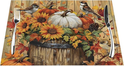 PVC Placemats Set of 6 Wipeable Table Mats Washable Heat Resistant Non Slip Vinyl Dining Table Mat for Kitchen Indoor Outdoor Patio Farmhouse Place Mats Retro Wooden Fall Bird Decorative