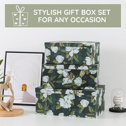 Soul & Lane Decorative Storage Cardboard Boxes with Lids | Midnight Gardenia - Set of 3 | Black Dramatic Paperboard Nesting Boxes