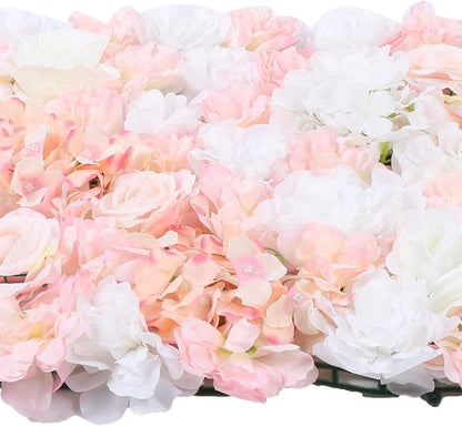4Pcs Artificial Flower Wall Panel,3D 16" X 24" Silk Rose Mat Artificial Flower Wall,Rectangle Decorative Backdrop Flower Panels Wall for Bridal,Patio,Garden,Yard Decor (White,Pink)