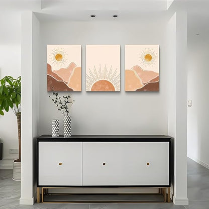 Boho 3 Piece Large Size Canvas Wall Art - Minimalist Abstract Mountain Sunshine Paintings For Living Room, Bedroom, Office & Children's Room Decor