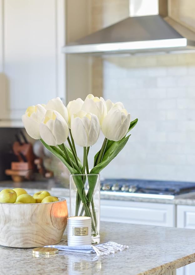 Briful Fake Flowers Artificial Tulip Flower White in Clear Vase, Real Touch Foam Tulip Arrangement Suitable for Home Office Decoration, Dining Table Centerpiece