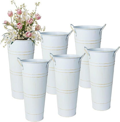 9 Inch Galvanized Metal Vases for Flowers - 6 Pcs Farmhouse Decorative Tall Flower Bucket with Handles, Rustic French Tin Planter Buckets for Wedding Decor (Vintage White)
