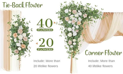 Wedding Arch Flowers with Drapes Kit (Pack of 5) - 2pcs Artificial Champagne Deluxe Swag with 3pcs Hanging Sheer Drapes for Wedding Ceremony Arbor Reception Backdrop Rose Floral Decoration