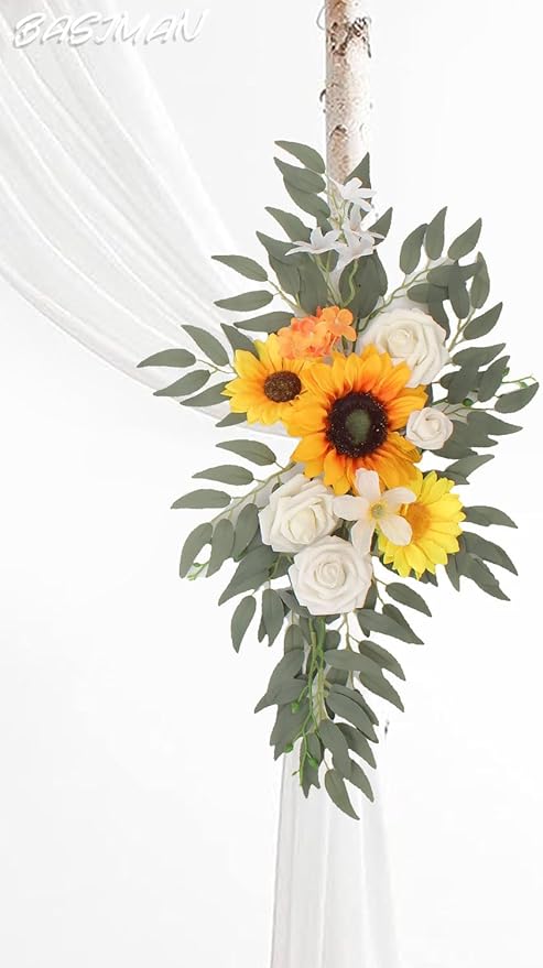 Arch Flowers with Drapes Kit (Pack of 3) for Wedding Ceremony Arbor and Reception Backdrop Decoration Wedding Welcome Signs Floral Birthday Party Decoration(Sunflower)
