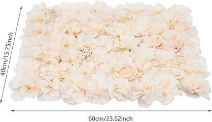 3D Artificial Flower Wall Panels 6 Pack 23.62'' x 15.74'' Silk & Plastic Flower Backdrop, Handmade with Champagne Roses/Hydrangeas/Dahlias, Decor for Wedding Party Home Garden Wall Decorations