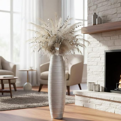 Tall Floor Vase, 27.5 inches (70cm, 2.3FT) Tall Vases Sturdy, Luxury, Textured for Decorative Branches Dried Flowers, Floor Vase for Rustic Living Room, Modern Decor, Resin Silver Vases