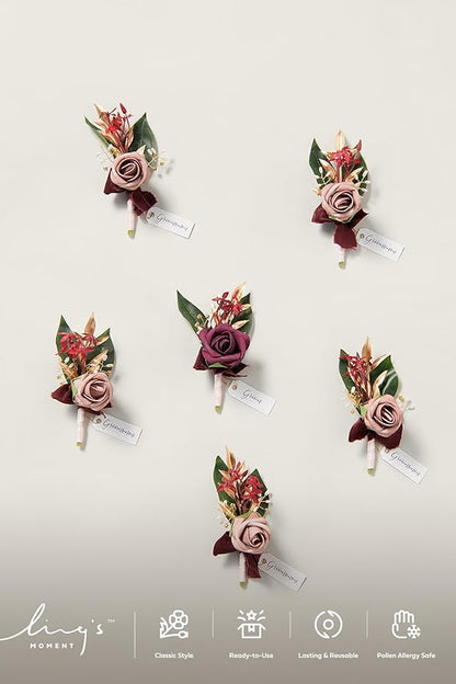 Ling's moment Boutonniere for Men, 6pcs Groom Groomsmen Boutonniere, Artificial Flowers for Wedding Decor/Prom/Homecoming, etc.Marsala Dusty Rose