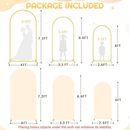 Wedding Arch Backdrop Stand and Beige Arch Cover Set of 3 (7.2FT, 6.6FT, 6FT) Metal Arch Stand Balloon Arched Frame Backdrop with Spandex Arch Stand Cover for Birthday Party Baby Shower Graduation