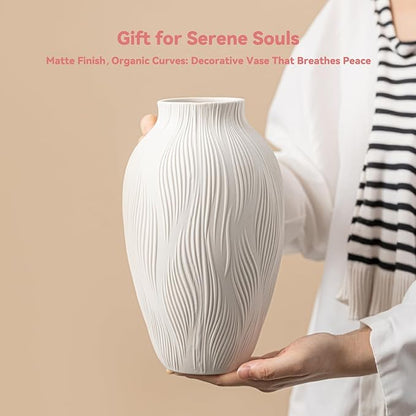 Windblown Texture Vase - White Matte Ceramic with Dynamic Lines, 9.2" Unique Flower Vase for Pampas Grass/Centerpieces, Decorative Farmhouse/Boho Vase for Living Room/Office, Ideal Gift for Minimalist