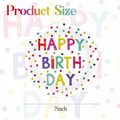 50PCS Happy Birthday Party Paper Plates 7 Inch, Disposable Colorful Polka Dots Cake Dessert Plates for Picnic Baby Shower Party Decorations (Birthday)