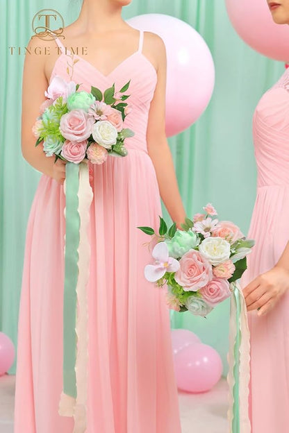 TINGE TIME 7 Inch Artificial Flowers Wedding Bouquets for Bridesmaid, Set of 4, Mint Green & Pink Bride Tossing Bouquet for Rustic Wedding Ceremony Bridal Shower Rehearsal Dinner Vintage Party