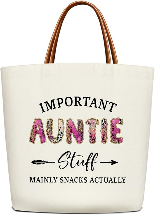 Canvas Tote Bag for Women, Important Stuff Bag with Leather Handle, Reusable Grocery Bags for Shopping Beach Travel