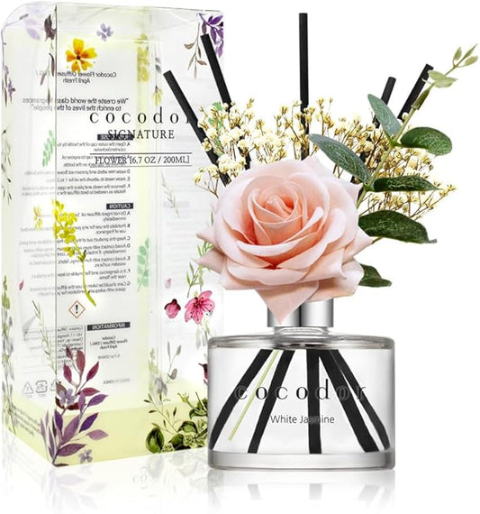 COCODOR Rose Flower Reed Diffuser/White Jasmine/6.7oz/1Pack / Home Fragrance Scent Essential Oil Stick Diffuser for Bedroom Bathroom Home Decor for Women