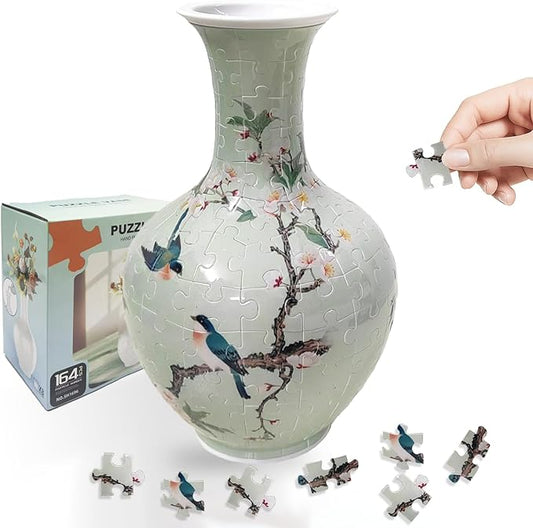 3D Puzzle Vase, 160 Curved Pieces DIY Flower Vase Craft Kit & 3D Puzzles for Adults, Creative Jigsaw Art Project Home Décor Centerpiece, for Women, Mom (Green Plum Blossom & Birds)