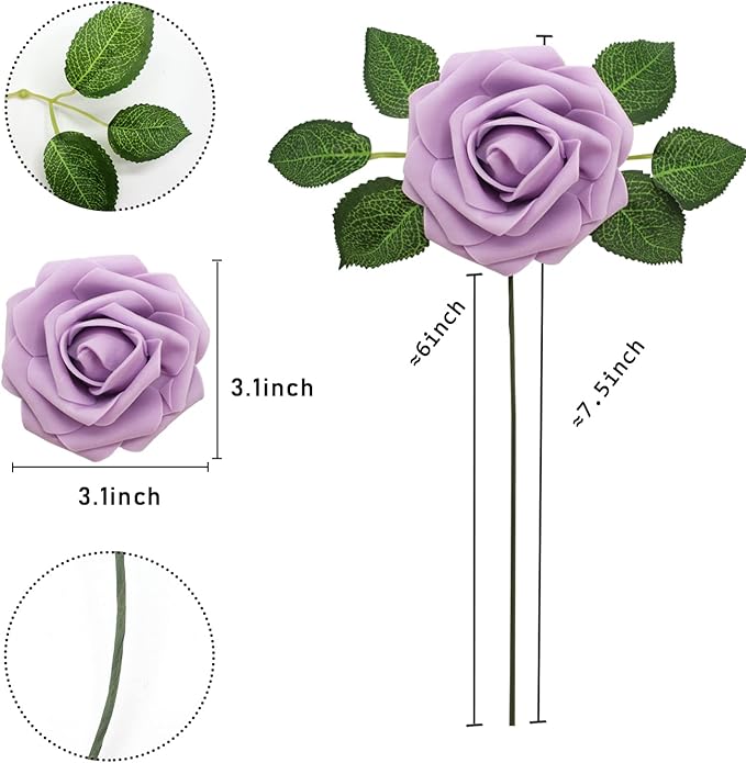 Light Purple Artificial Roses Flowers 100pcs Real Looking Foam Fake Roses with Stems for DIY Wedding Bouquets Bridal Shower Centerpieces Party Decorations (Light Purple)