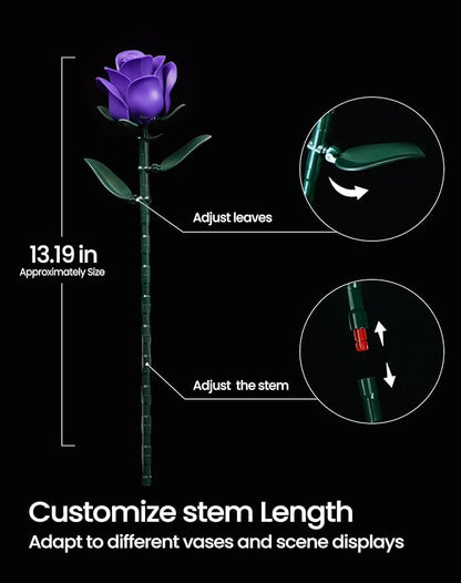 iATOM Purple Rose Bouquet Building Set, Artificial Flowers Botanical Collection for Adults Women, Gift for Christmas and Valentines Day - Gothic Home Office Table Centerpiece Decor - IA11017
