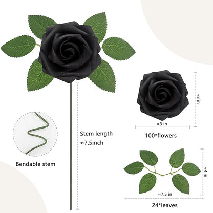 100PCS Black Artificial Flowers Roses Real Looking Foam Fake Roses with Leaves and for DIY Wedding Bouquets Bridal Shower Centerpieces Party Decorations (Black, 100)