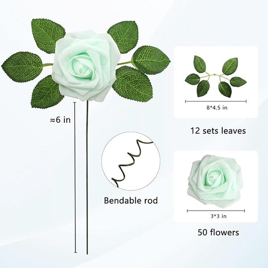 Artificial Flowers Realistic Roses, 25pcs Real Looking Fake Roses with Stem for DIY Wedding Bouquets Centerpieces Bridal Shower Party Home Romantic Decorations (Regular 3" - 25pcs, Light Green)