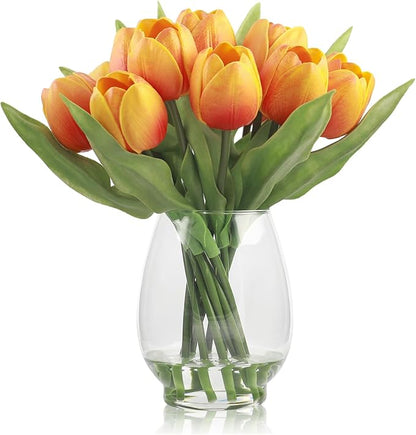 WELL KNOWN 12 Pcs Tulips Artificial Flowers in Vase, Real Touch Tulips with Vase with Upgrate Acrylic Water Flower Arrangements Centerpiece for Dining Room Table Decoration（Orange）