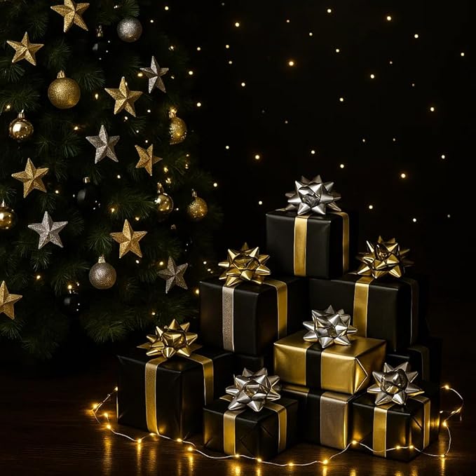 15 Pcs Gift Bows Assortment, Decor for Christmas, Birthdays, Weddings, Holiday Embellishments, Presents, Wrapping Paper, Anniversaries, Baby Showers, Bridal Showers, Hanukkah (Black+Gold+Silver)