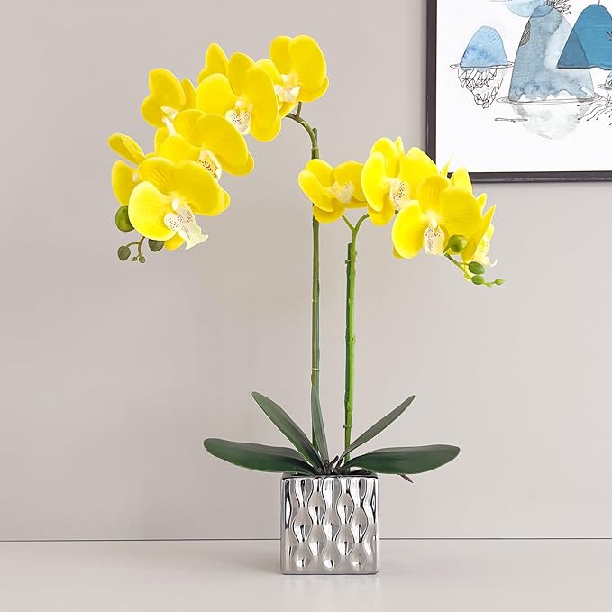 Artificial Orchids Silver Vases Orchids Artificial Flowers Yellow Orchid Height 20 inches