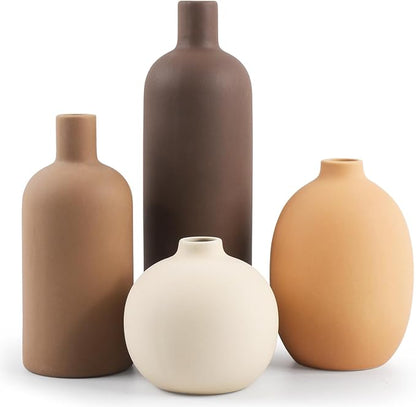 Ceramic Neutral Vase Set of 4 for Farmhouse Home Decor, Rustic Decorative Vases for Boho Living Room Centerpieces, Entryway Decorations, Coffee Table, Bookshelf, Fireplace Mantel