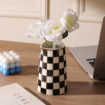 Porlien Checker Porcelain Flower Vase Home Decor Set of 2 with 5.5' High and 8' High Flower Bottle