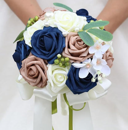 Lightweight Bridal Wedding Bouquet Round Holding Bouquet Throw Toss Artificial Rose Flower Bunch for Bride Bridesmaid Wedding Quinceanera (Cream, Navy & Rosy Brown, 9.1")