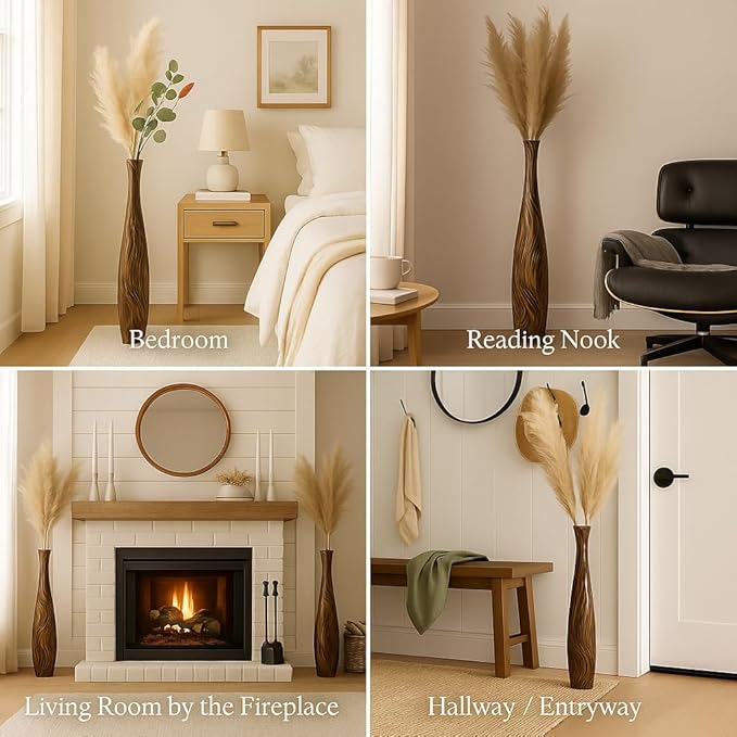 Leewadee Large Brown Home Decor Floor Vase - Wooden 26 inch Tall Farmhouse Decor Flower Holder for Fake Plant and Pampas Grass