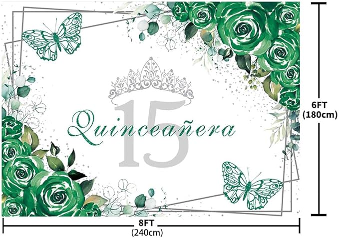SENDY 8x6ft Quinceañera Backdrop Mis Quince 15 Anos Birthday Party Decorations Supplies for Girl Princess Green Floral Butterfly Silver Crown Photography Background Banner Photo Booth Studio Props