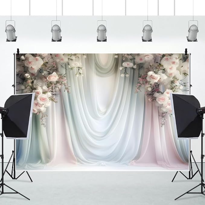 Leowefowa Floral Backdrop for Wedding Decor Pink Rose Flower White Curtain Wall Photography Background for Baby Shower Wedding Anniversary Ceremony Party Decorations Banner Studio Props 12x6ft Vinyl
